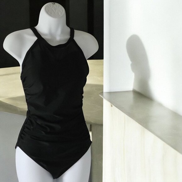 Charmo  Black Sexy Mesh Accent  Ruched Halter One-Piece Swimsuit - S - Picture 4 of 10